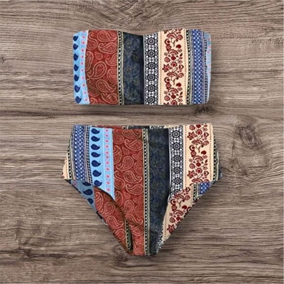 Women's Boho Two Piece High Waist Bathing Suit Bandeau Swimsuit - Picture 1 of 6
